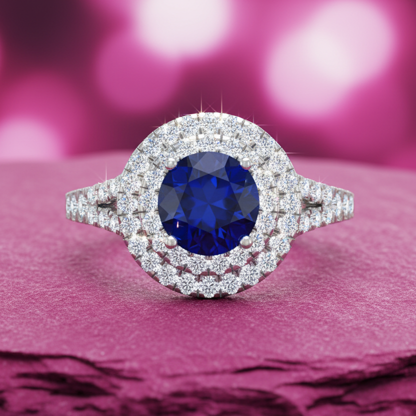Round Cut Sapphire With Double Halo