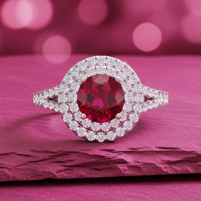 Round Cut Ruby With Double Halo