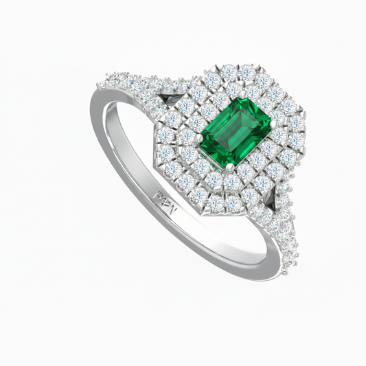 Emerald Cut Emerald With Double Halo