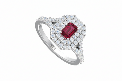 Emerald Cut Ruby With Double Halo