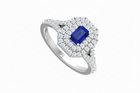 Emerald Cut Sapphire With Double Halo
