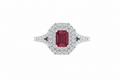 Emerald Cut Ruby With Double Halo