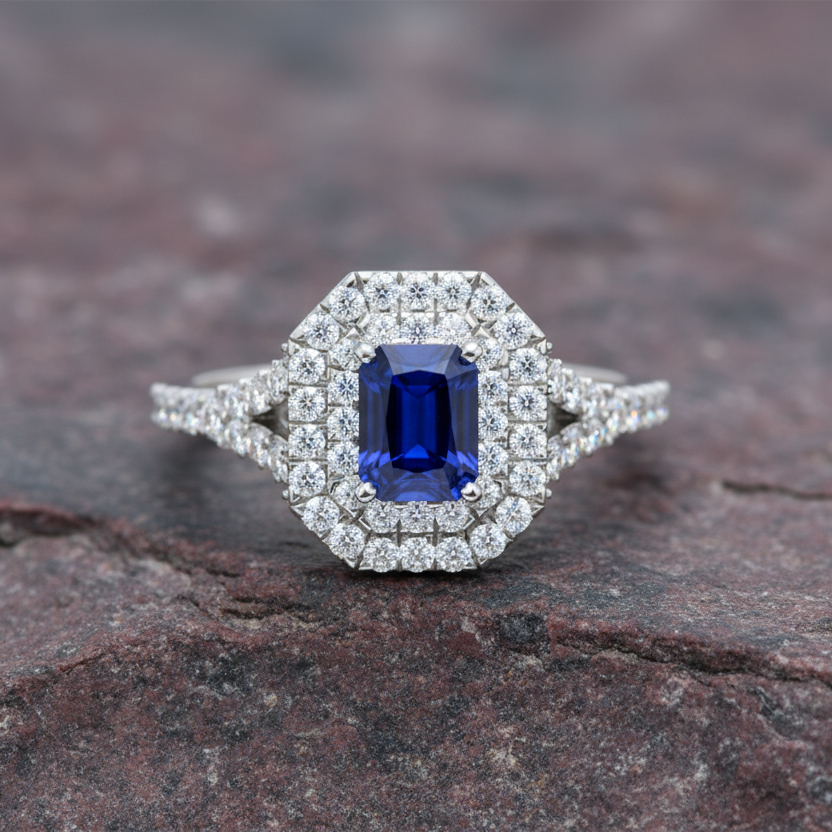 Emerald Cut Sapphire With Double Halo