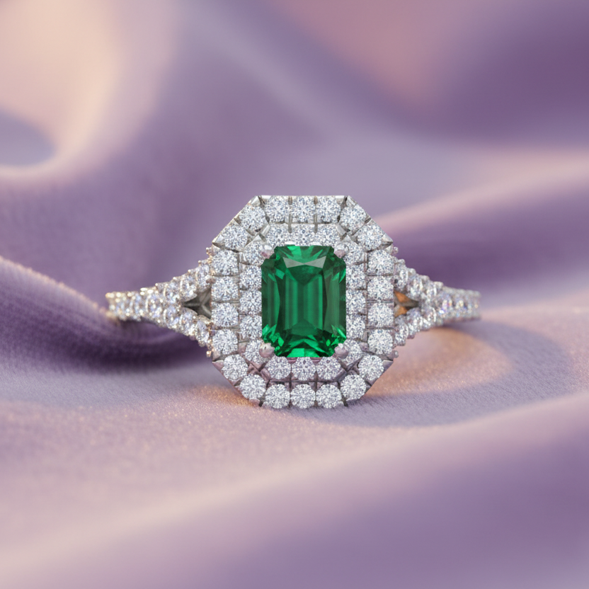 Emerald Cut Emerald With Double Halo