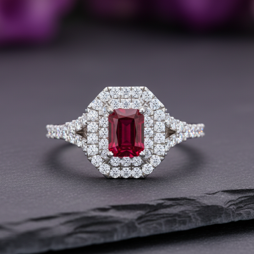 Emerald Cut Ruby With Double Halo