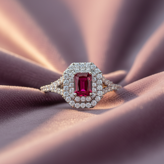 Emerald Cut Ruby With Double Halo