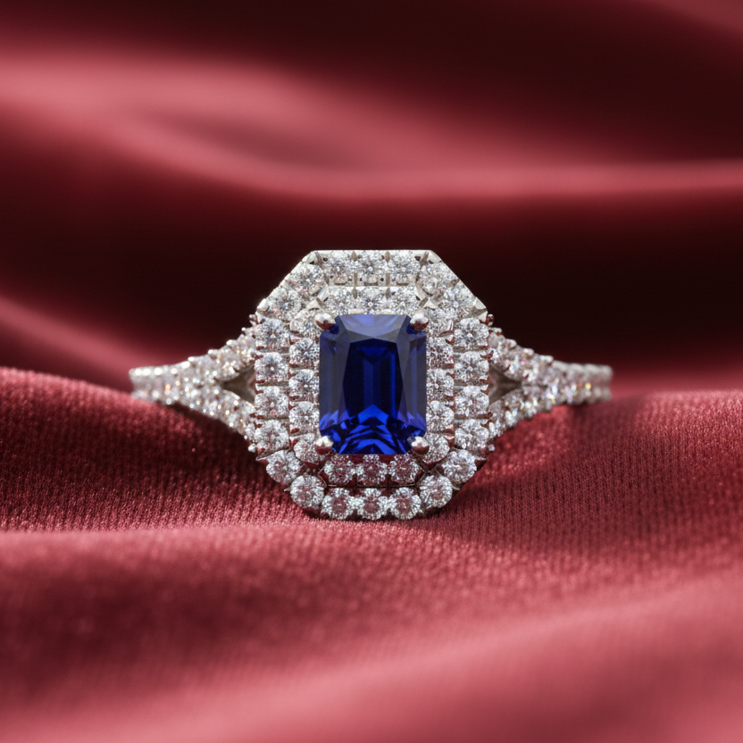 Emerald Cut Sapphire With Double Halo