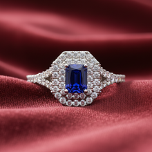 Load image into Gallery viewer, Emerald Cut Sapphire With Double Halo