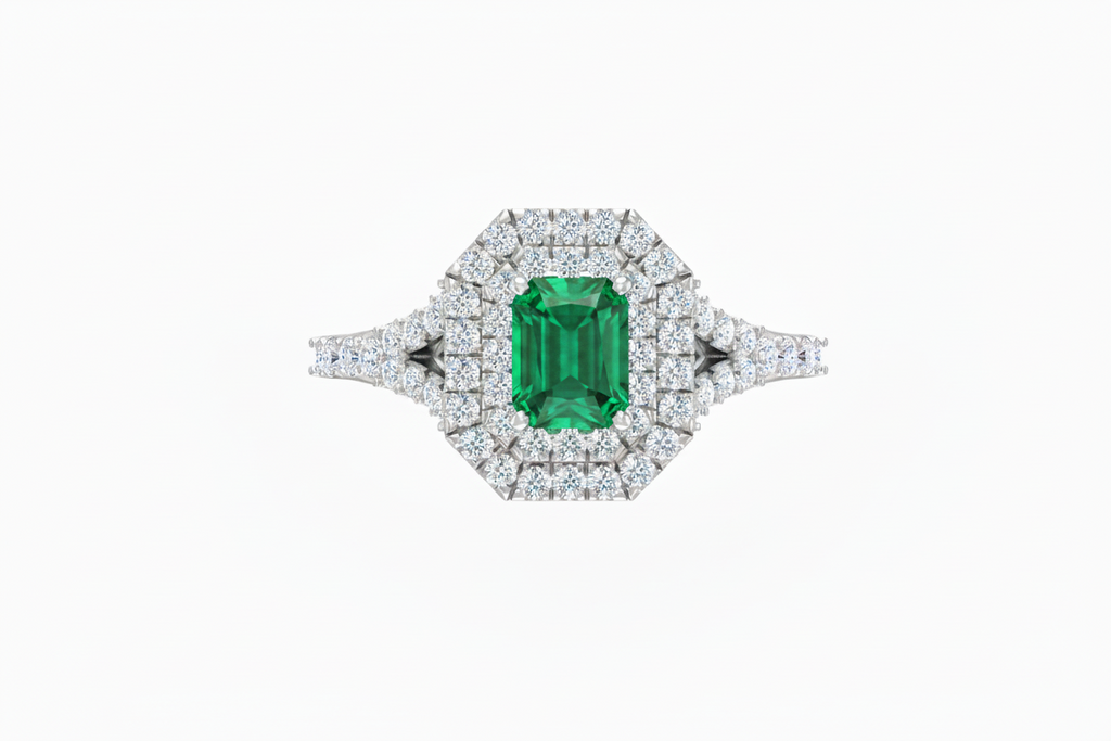 Emerald Cut Emerald With Double Halo