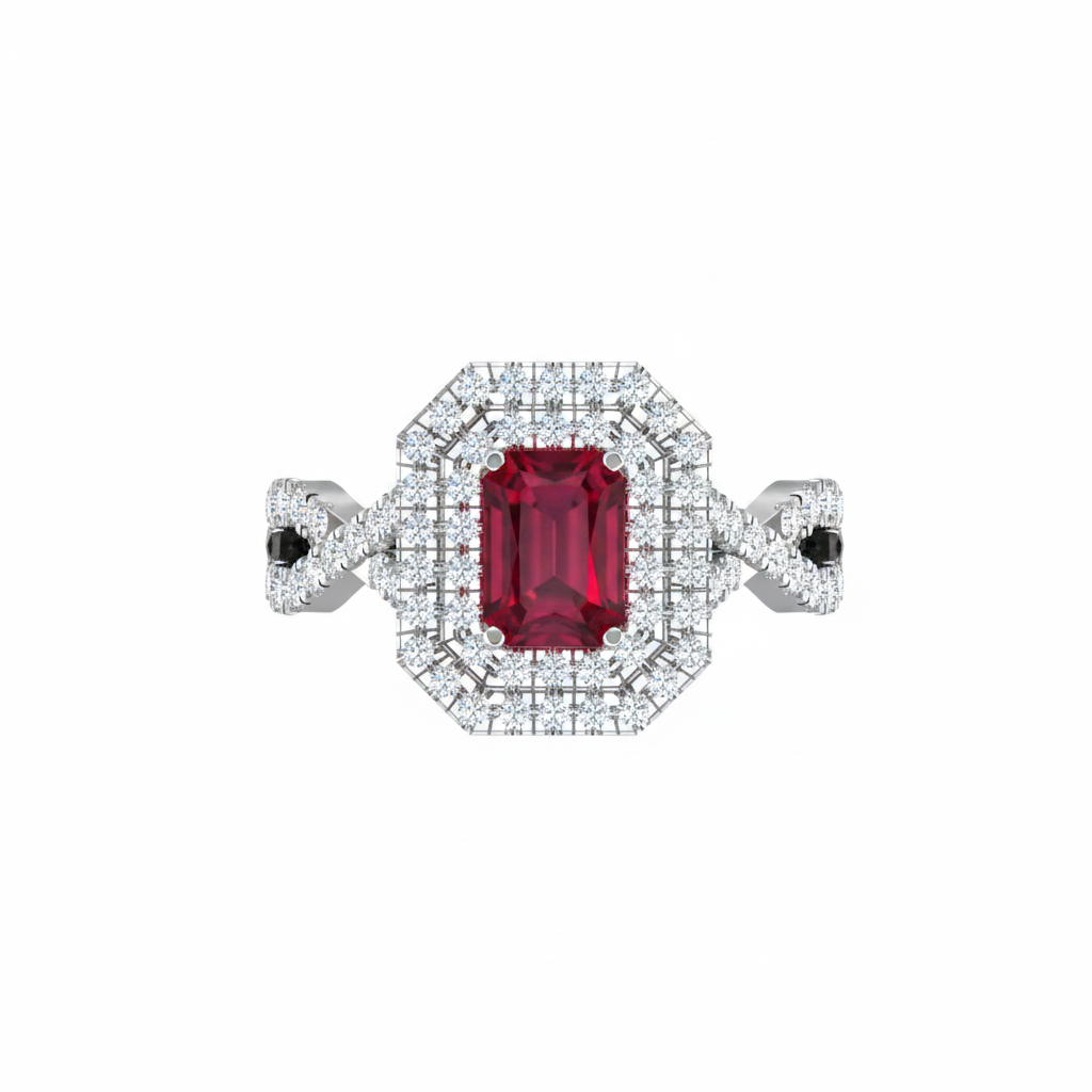Emerald Cut Ruby One Cart With Double Halo