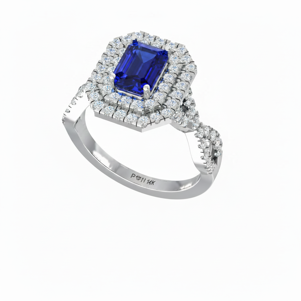 Emerald Cut Sapphire One Cart With Double Halo