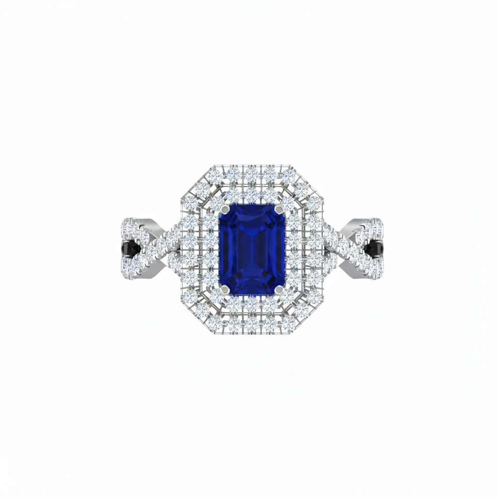 Emerald Cut Sapphire One Cart With Double Halo