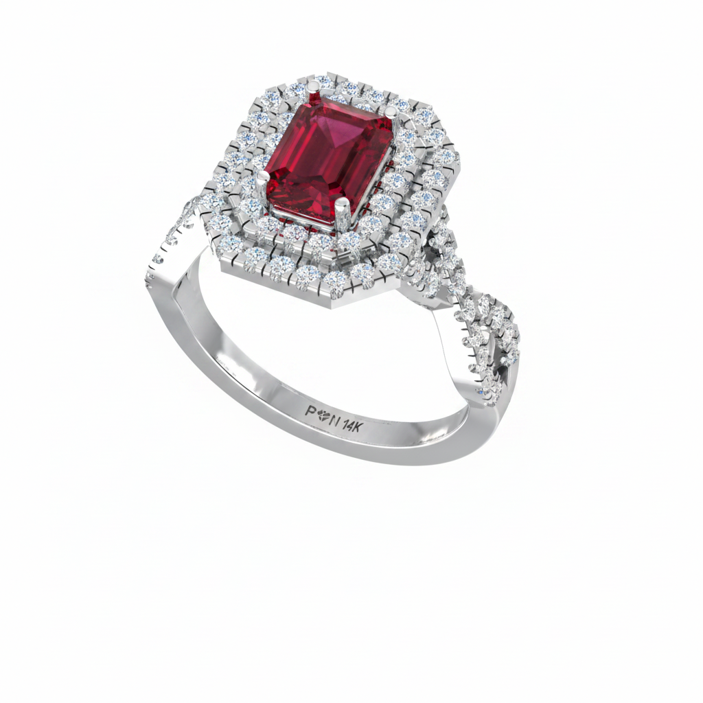 Emerald Cut Ruby One Cart With Double Halo