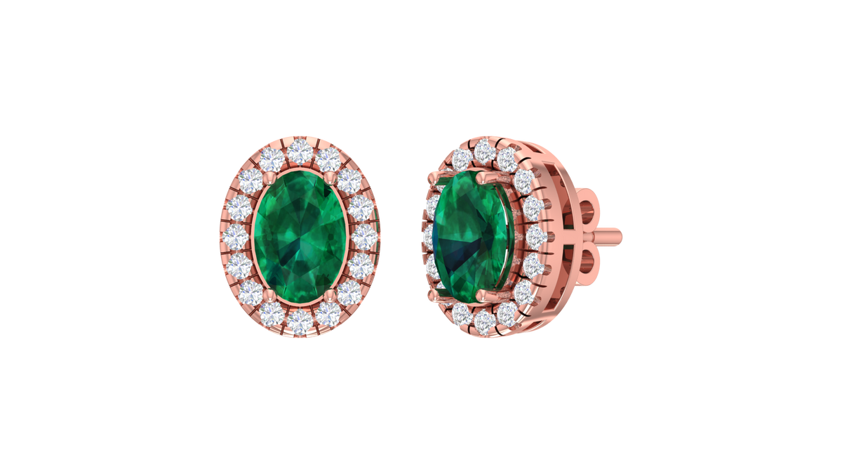 Emerald Oval Center Scalloped Halo Stud Earrings
