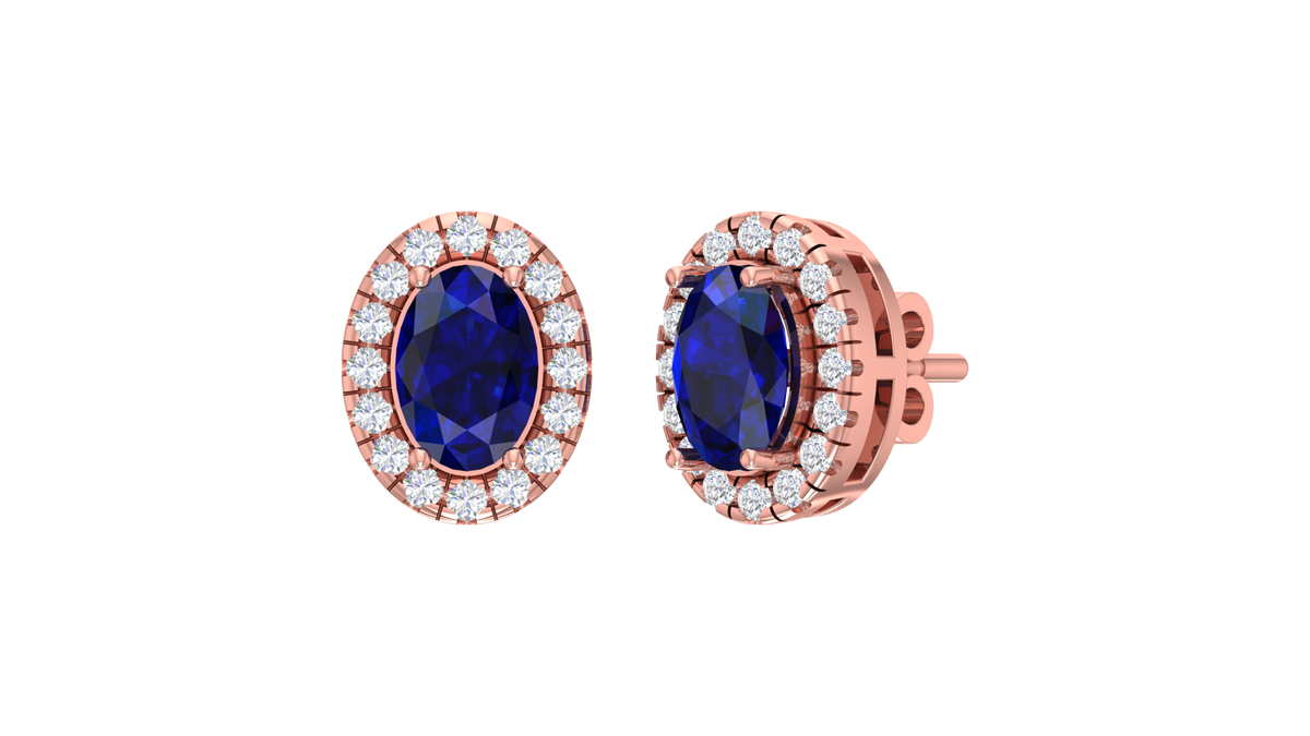 Sapphire Oval Center Scalloped Halo Stud Earrings
