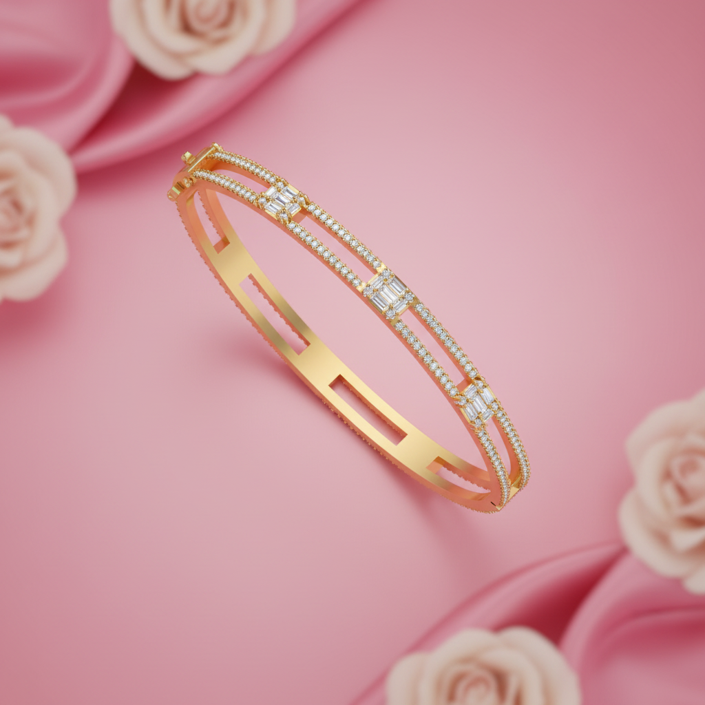 Two Line Cluster Baguette and Round Diamonds Bangle