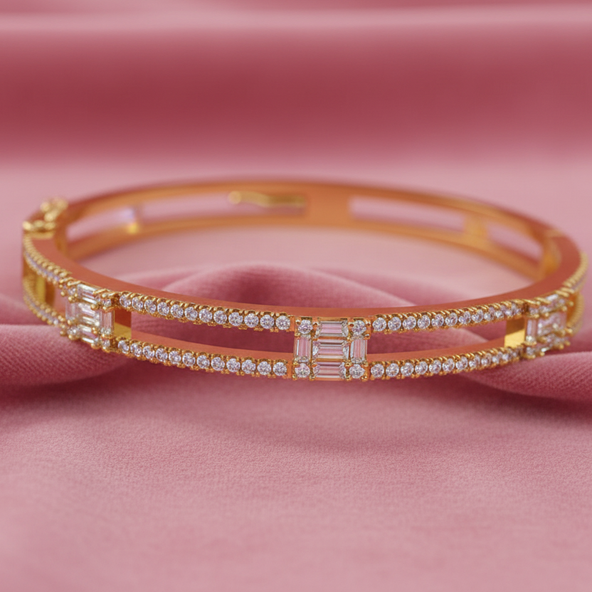 Two Line Cluster Baguette and Round Diamonds Bangle