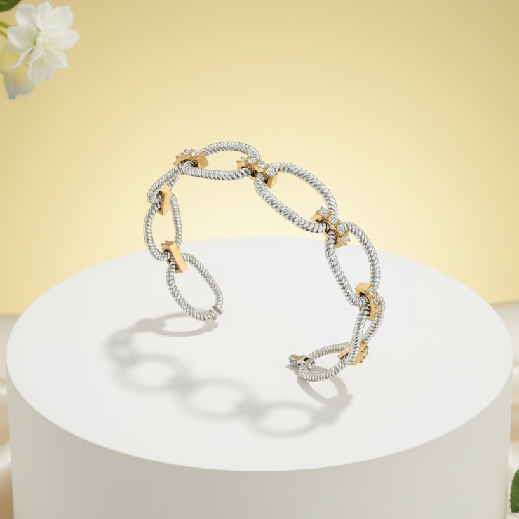 Two-Tone Gold Rope Link Diamond Bracelet