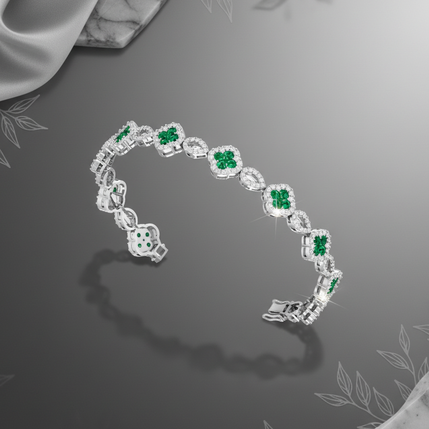 Emerald and Diamond Floral Link Bracelet