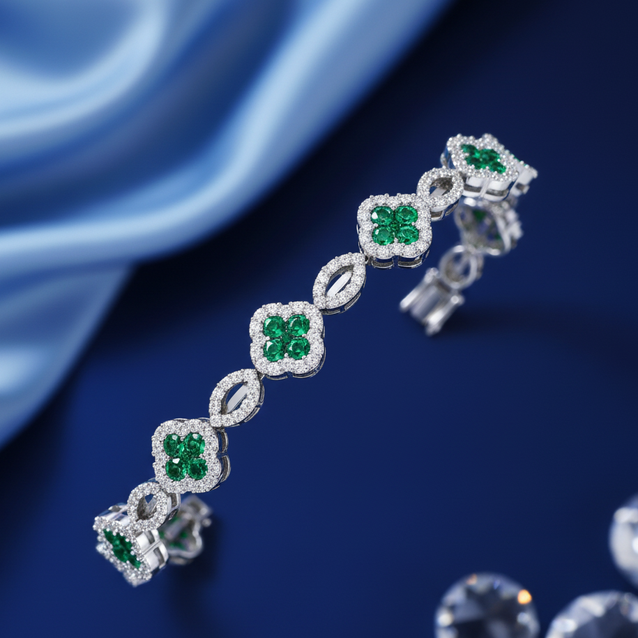 Emerald and Gold & Diamond Clover Bracelet