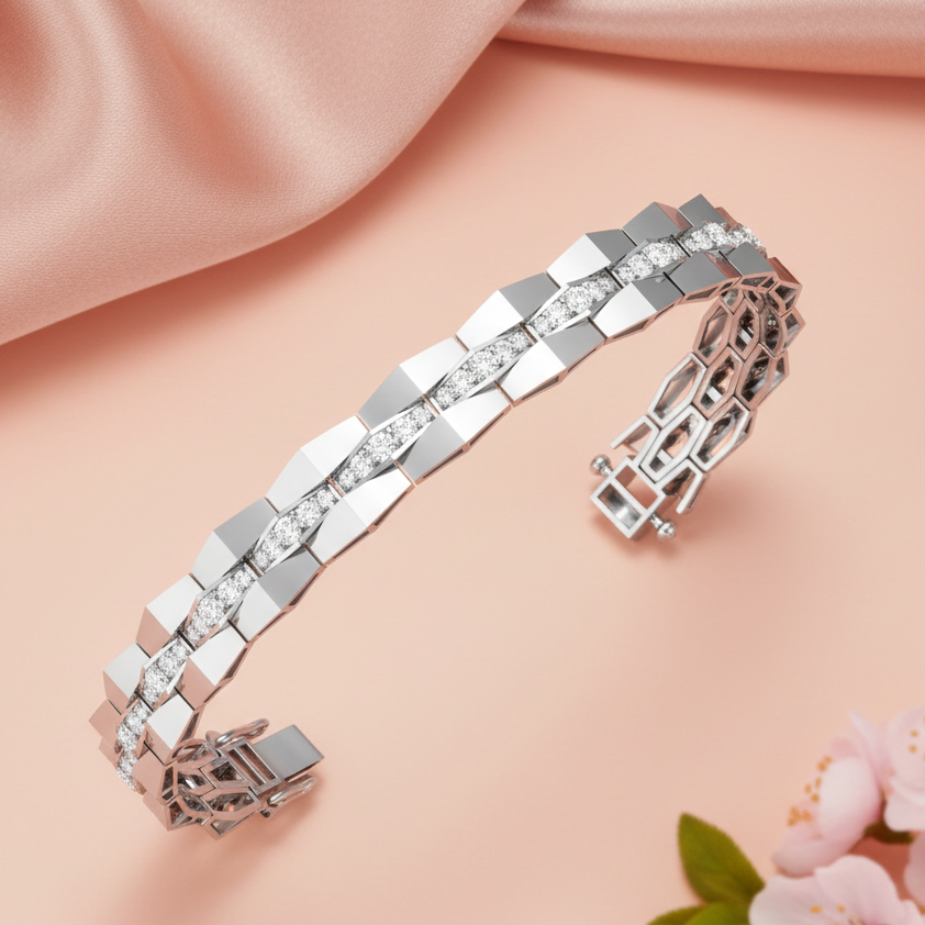Geometric Scale Design Gold & Diamond Cuff Bracelet