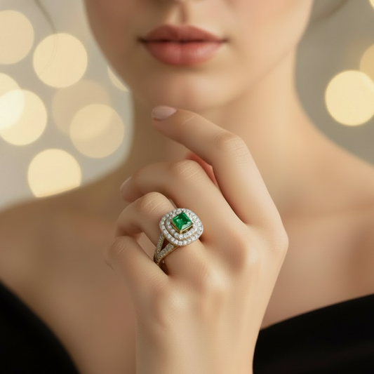 Emerald Princess Center Double Halo Diamond