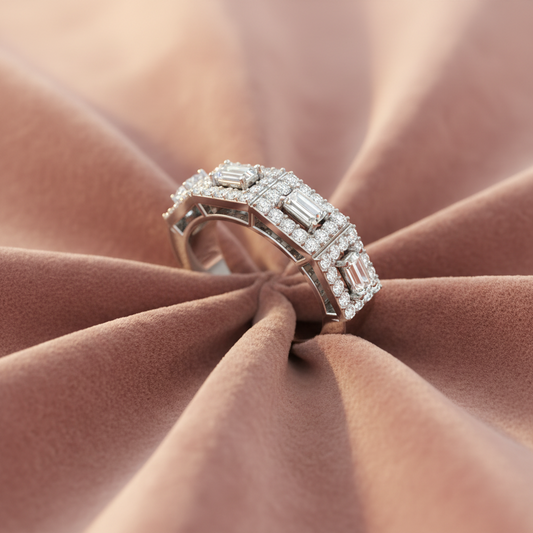 Three Stone Baguette Halo Wide Band