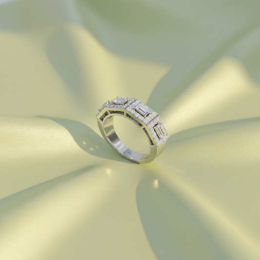 Three Stone Baguette Halo Wide Band