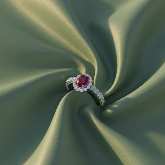 Ruby Oval Halo Rope Shank Engagement Ring