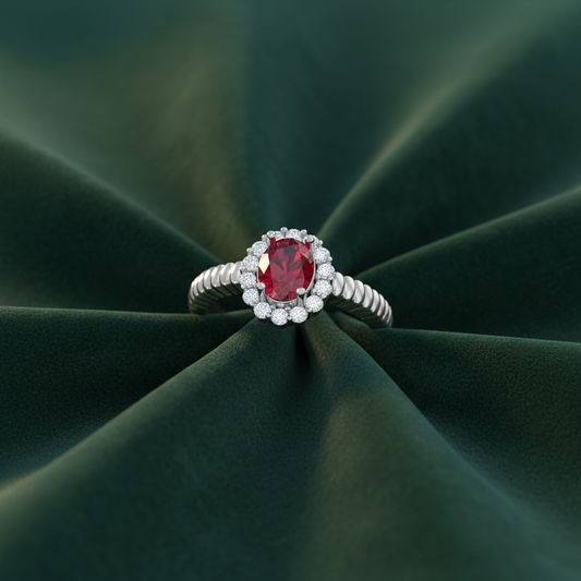 Ruby Oval Halo Rope Shank Engagement Ring