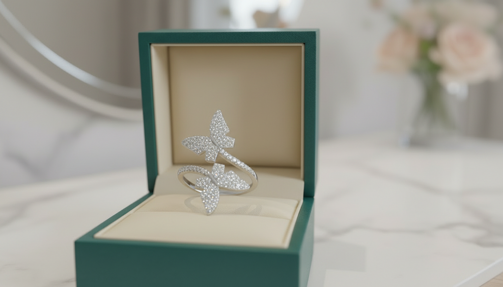 Symmetrical Twin Butterfly Silhouette Scattered Diamond Encrusted