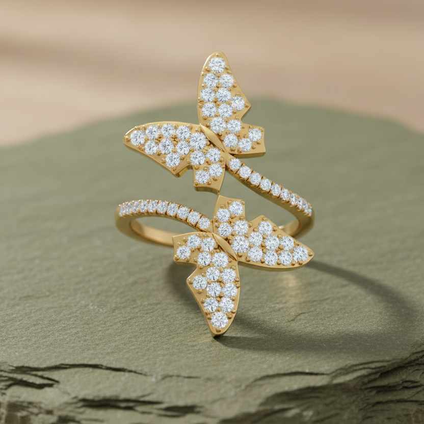 Symmetrical Twin Butterfly Silhouette Scattered Diamond Encrusted