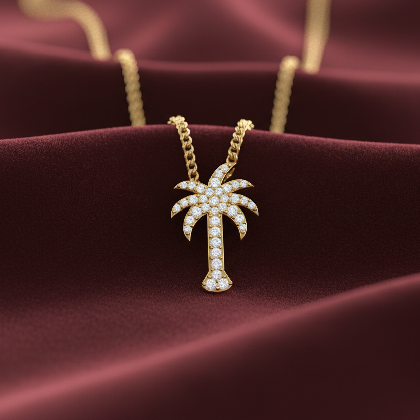 Dainty Gold & Diamond Coconut Tree Necklace With Chain