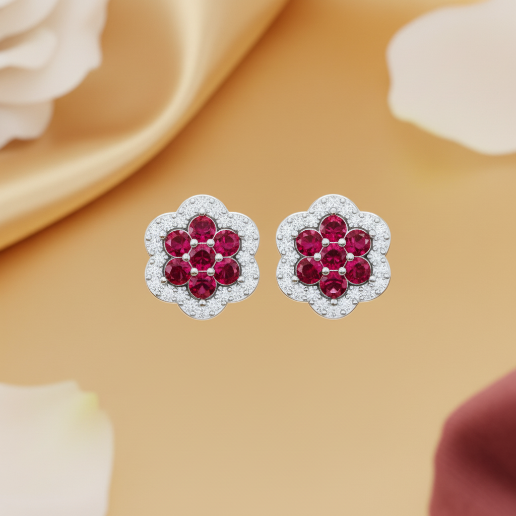 Brilliant Cut Ruby & Diamond Floral Cluster Studs Earring