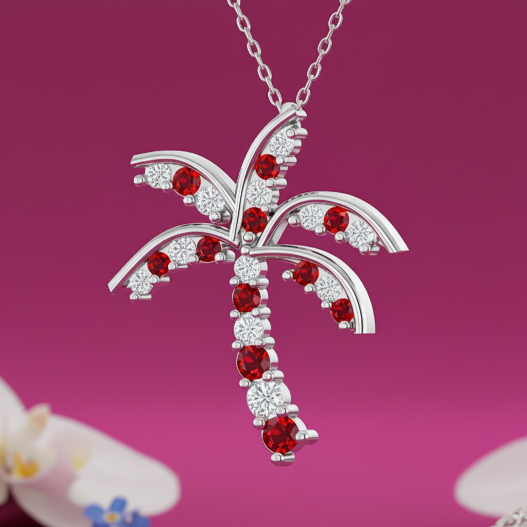 Tropical Palm Tree With Ruby Stone And Diamond Necklace with Chain