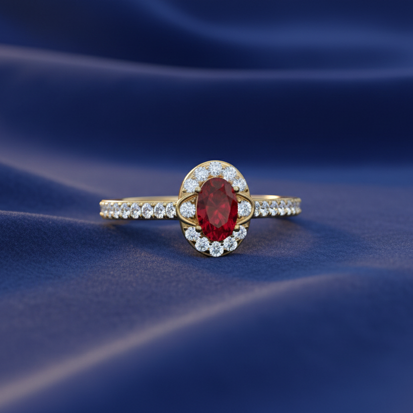 Oval Shape Ruby With Diamond Ring