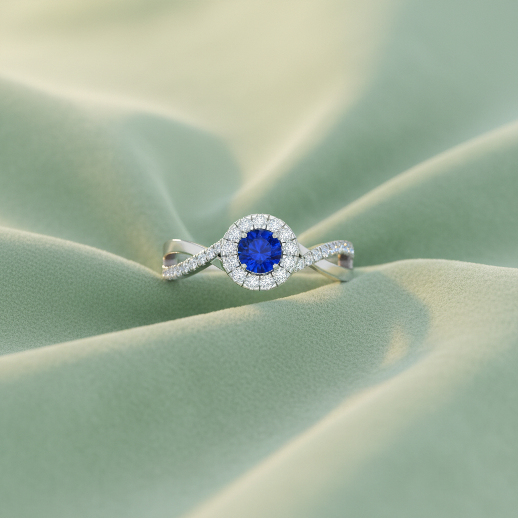 Round Sapphire Diamond Halo Azure Brilliant Solitaire