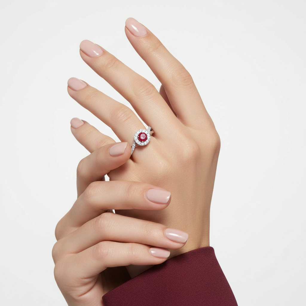 Precious Round Ruby Diamond Halo Solitaire