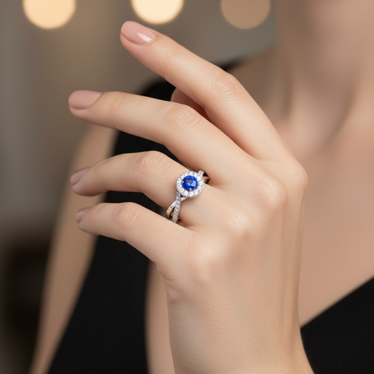 Round Sapphire Diamond Halo Azure Brilliant Solitaire