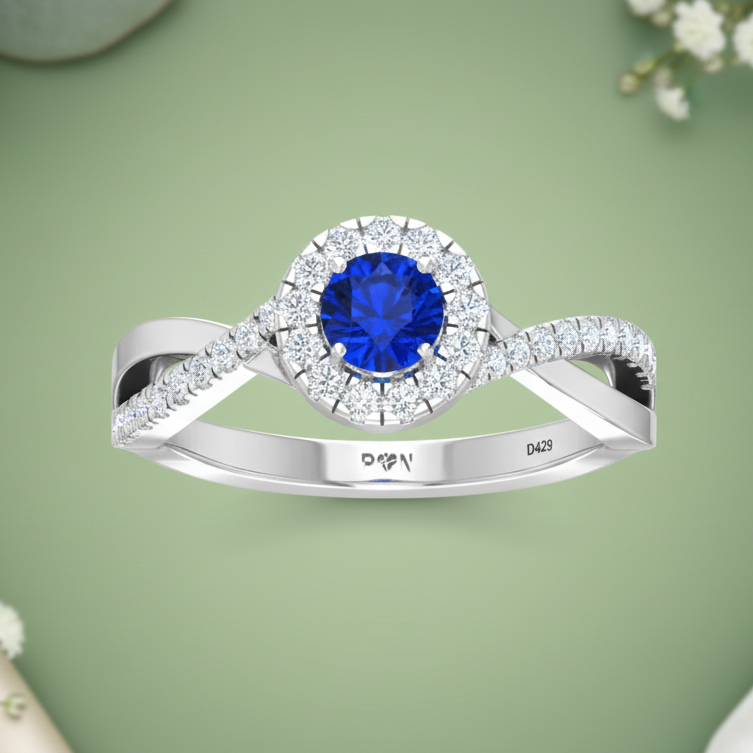 Round Sapphire Diamond Halo Azure Brilliant Solitaire