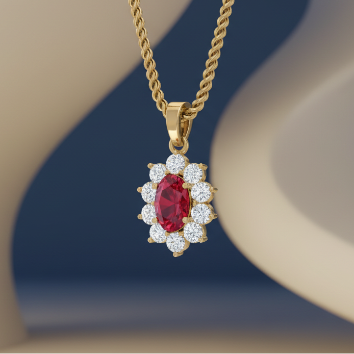 Oval Ruby Floral Halo Diamond
