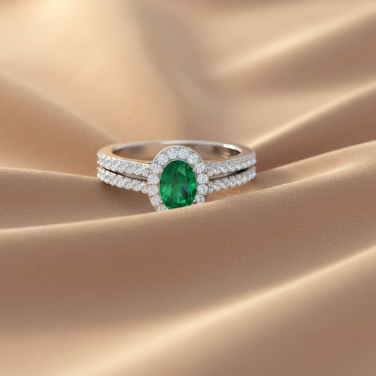 Oval Emerald Gemstone Diamond Lush Encrusted Halo