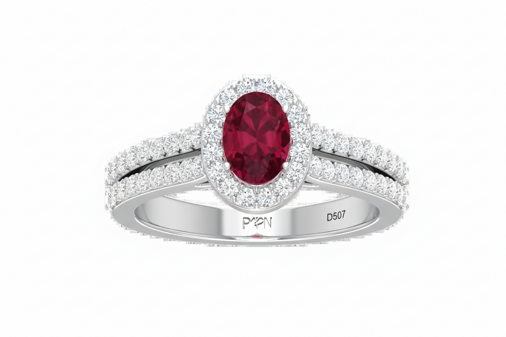Oval Ruby Gemstone Diamond Opulent Halo Solitaire