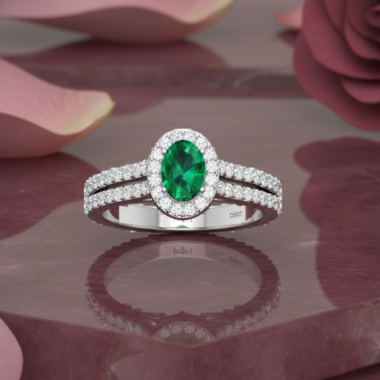 Oval Emerald Gemstone Diamond Lush Encrusted Halo