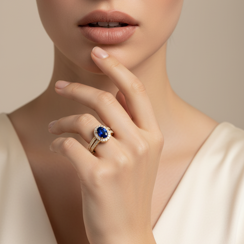 Oval Sapphire Diamond Halo Azure Brilliant Solitaire