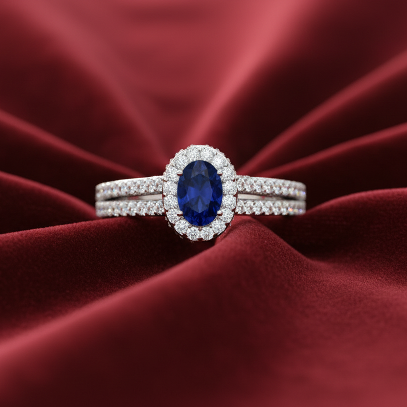 Oval Sapphire Diamond Halo Azure Brilliant Solitaire