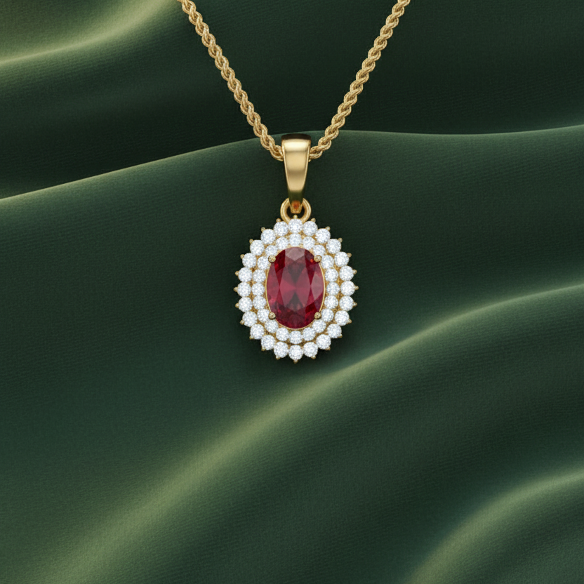 Fervent Oval Cut Ruby Encircled Crimson White Contrast Scintillating