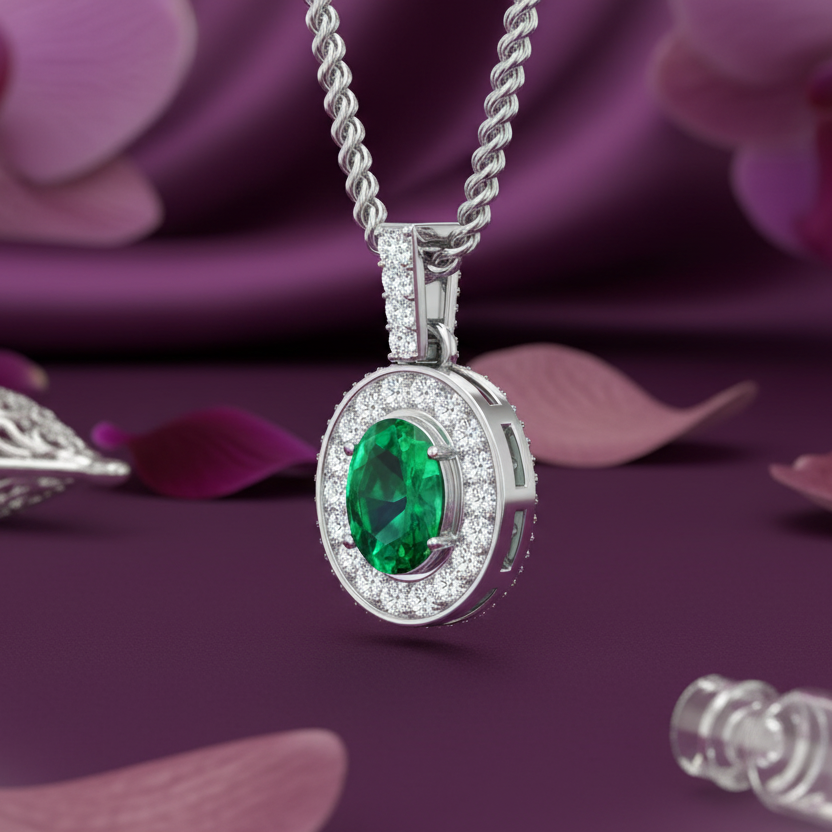 Oval Emerald Diamond Halo Solitaire
