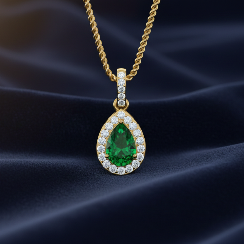 Precious Pear Emerald Natural Diamond Lush Solitaire
