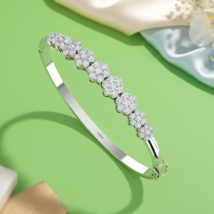 Hinged Gold Diamond Bangle with Floral Clusters